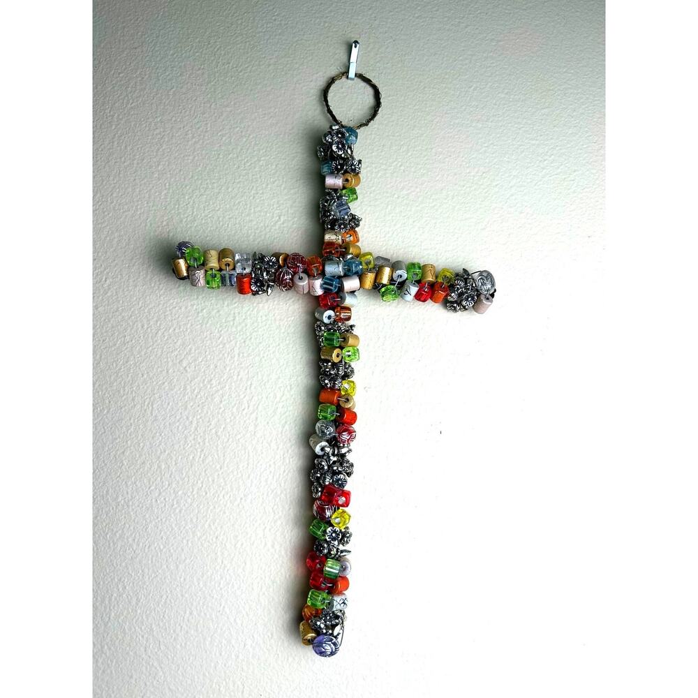 Wall Cross - Multicolored Beaded Mosaic Art Metal Wire Frame